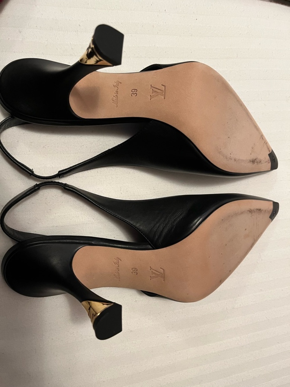 Authentic Louis Vuitton Black Leather Slingback Pumps with Gold Accent - Picture 4 of 6